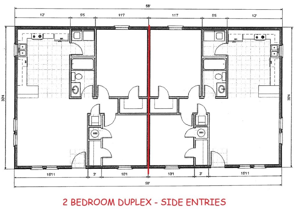 2-bedroom modular duplex floor plan with side entries