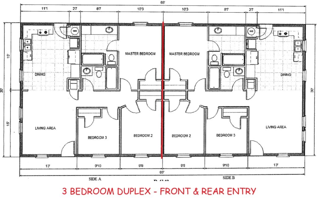 3-bedroom modular duplex floor plan with front and rear entry