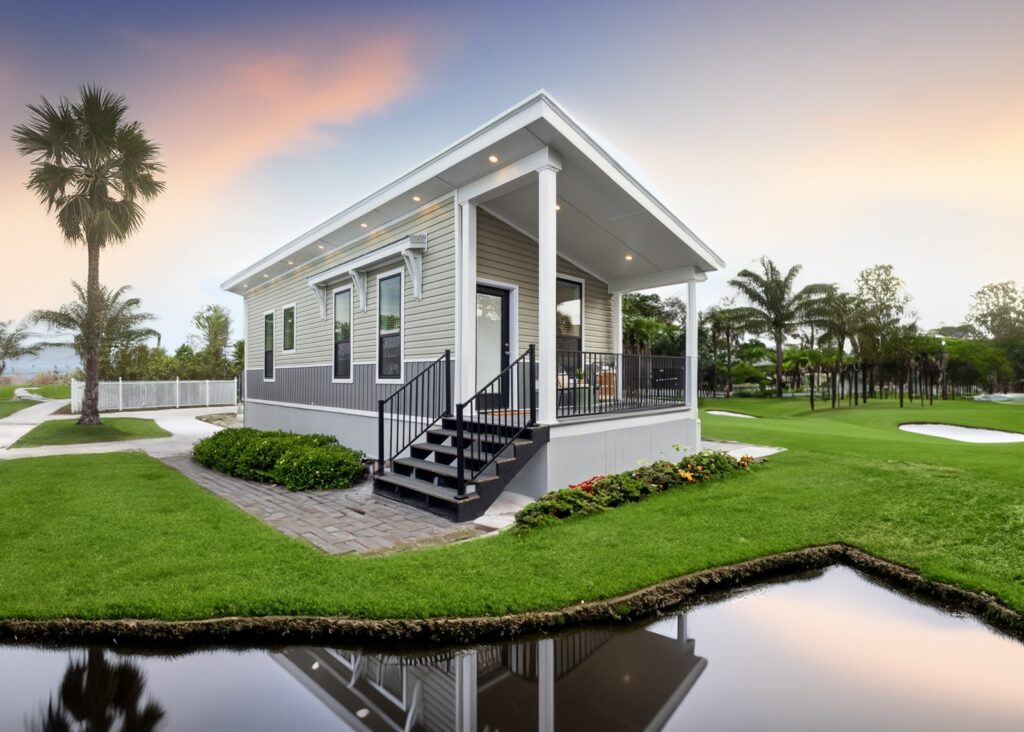 Small factory-built ADU with covered porch