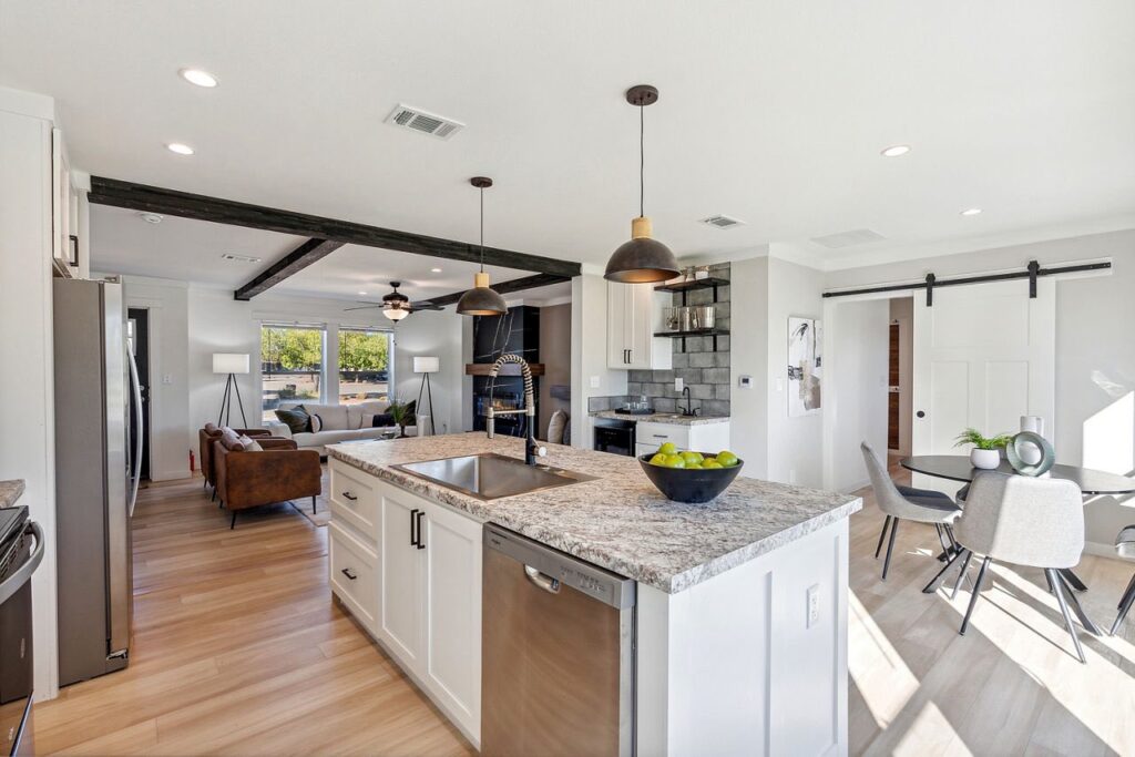 Open kitchen and living room in a new manufactured home