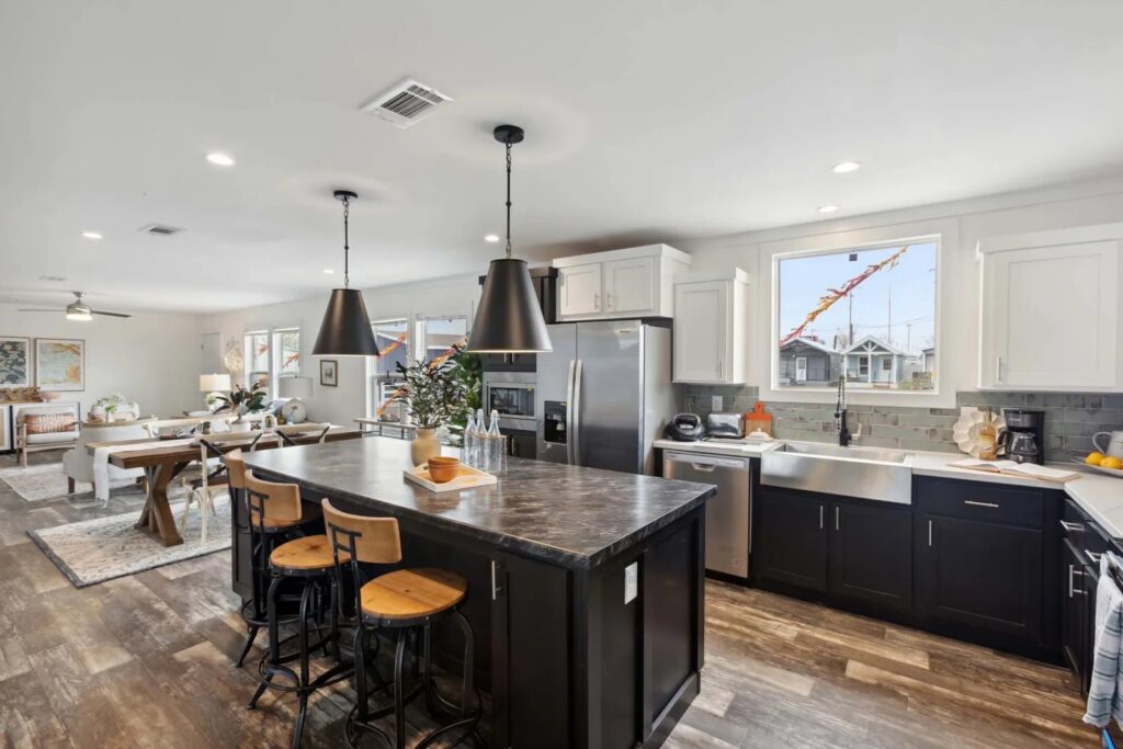 Kitchen and living area in a new manufactured home