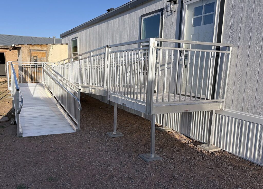 New manufactured home with a switchback accessibility ramp